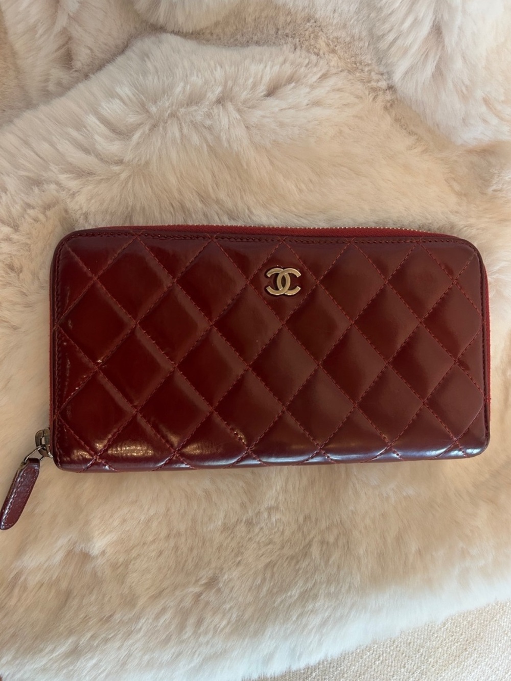 2012 Chanel Lambskin Quilted Zip-Around Wallet in Red